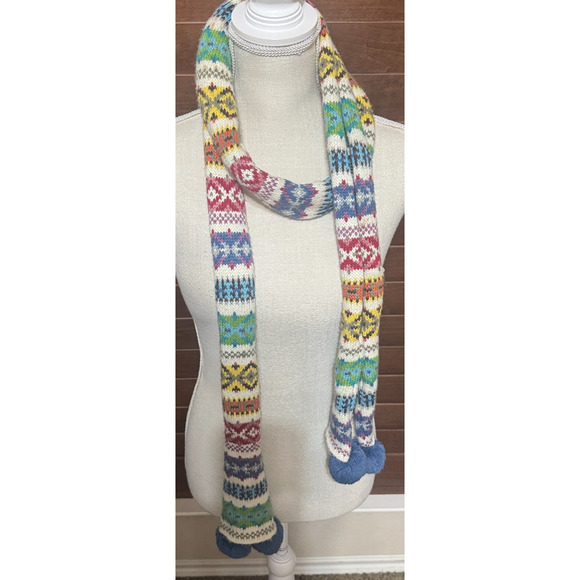 Old Navy Womens Fair Isle Multicolor Nordic Scarf Pom Pom colorful Fun knit - Picture 1 of 5